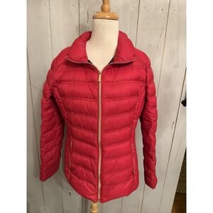 MICHAEL KORS Red Quilted Lg  Packable‎ Puffer Down Jacket Coat Gold Zip L5